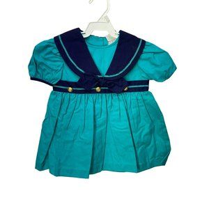 Pretty As A Picture Teal Navy Blue Sailor Style Size 2T 100% Cotton Girls Vintag